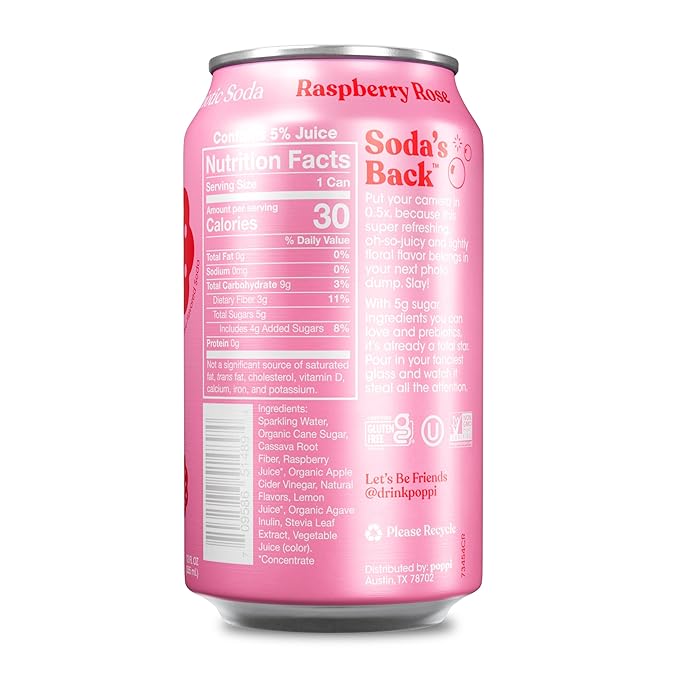 Poppi Sparkling Prebiotic Soda Beverage with Apple Cider Vinegar Seltzer Water and Fruit Juice Raspberry Rose Flavor 12 oz Pack of 12 Packaging May Vary