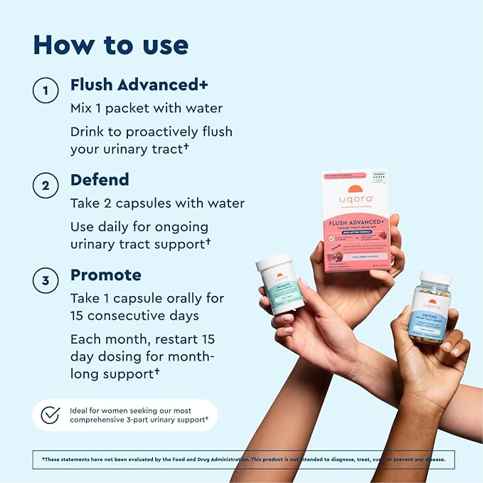 Uqora Flush Advanced+ Regimen with Flush Advanced+ (3 Pack) - Cranberry to Reduce Risk of Recurrent UTI** - Defend &amp Promote - D-Mannose Vitamin C Green Tea Extract &amp Probiotics - 3-Part Bun