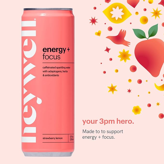 Heywell Sparkling Adaptogenic Water Energy and Focus Strawberry Lemon Flavor 12 Fluid Ounce (Pack of 12) - Caffeinated Organic Non GMO Vegan Gluten Free Dairy Free