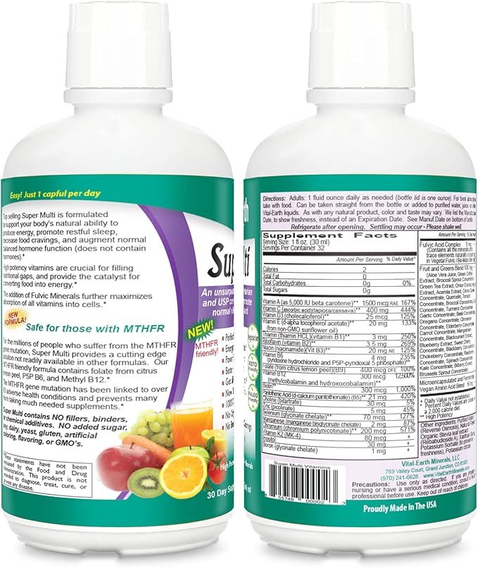 Vital Earth Minerals Super Multi 2-Pack – Liquid Multivitamins for Women Men &amp Kids Liquid Vitamins with Fulvic Acid for Better Absorption MTHFR Support 32 Oz Ea + 1 Oz Cup