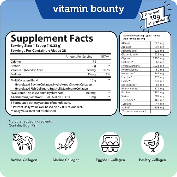 Vitamin Bounty Multi Collagen Peptides Powder for Men &amp Women (Complex Plus) - 5 Types Hydrolyzed Collagen Protein - Probiotics Vitamin C &amp Hyaluronic Acid - Grass Fed Bovine Supplements 28
