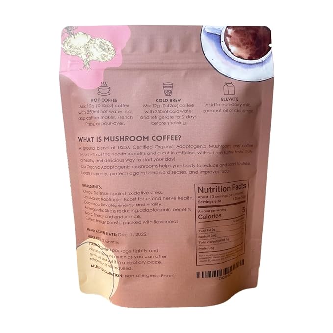 Premium Blend USDA Certified Organic Ground Mushroom Coffee - No Sugars or Sweeteners Lion's Mane Chaga Cordyceps and more - Nootropic Concentration blend for sharper focus memory and immunity