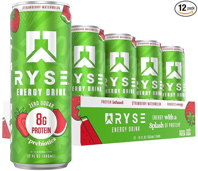 RYSE Functional Energy Drink - Strawberry Watermelon - 150mg Natural Caffeine 8g Whey Protein &amp 1g Prebiotics - Sugar Free Gut-Friendly Bloat-Free - 12 fl oz Cans (12-Pack)