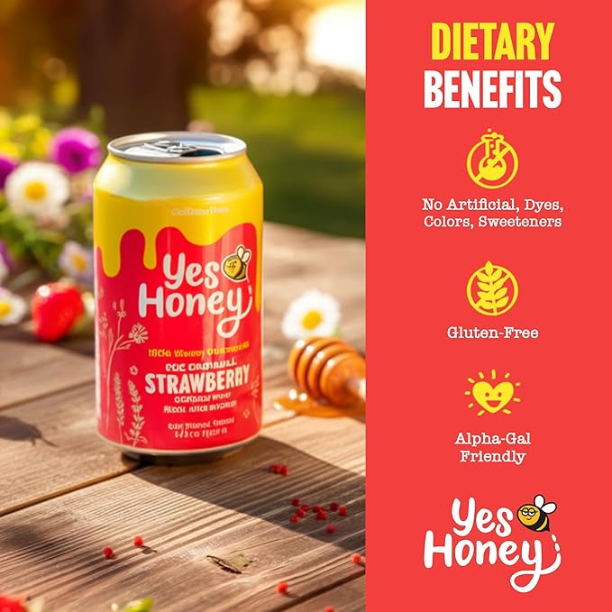 Yes Honey Soda Strawberry 11oz (12-Cans) 100% Honey-Sweetened Healthy Soda Alpha Gal Friendly Gluten Free Caffeine Free No Added Sugar