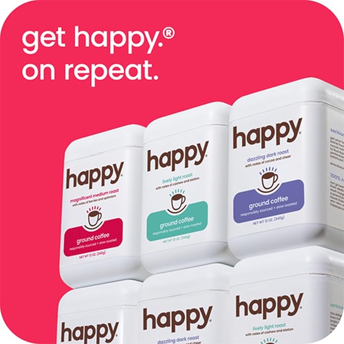 happy coffee medium roast ground coffee 12 oz 2 pack. notes of berries &amp optimism recyclable container grown &amp harvested in Brazil &amp Colombia raíz sustainability verified