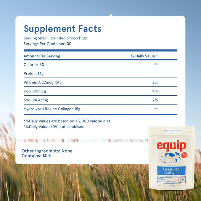 Equip Foods Grass Fed Collagen Powder | Hydrolyzed Bovine Collagen Peptides with Amino Acids | Prime Beef Collagen for Healthy Joints Skin &amp Nails | Non-GMO Paleo Friendly | 30 Servings Unflavo