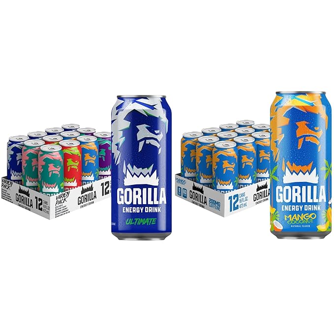 Gorilla Energy Drink Mango Coconut &amp Variety Pack 200mg Natural Caffeine Real Fruit Juice Squeezed &amp Concentrated 24 Cans