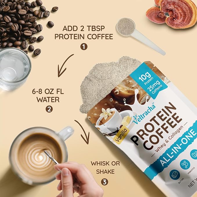 Whey Protein Coffee Collagen Protein Iced Coffee with Prebiotic Mushrooms &amp Butter Natural Energy without Jitters - Decaf No Artificial Additives &amp Sweeteners Vanilla 20 Servings