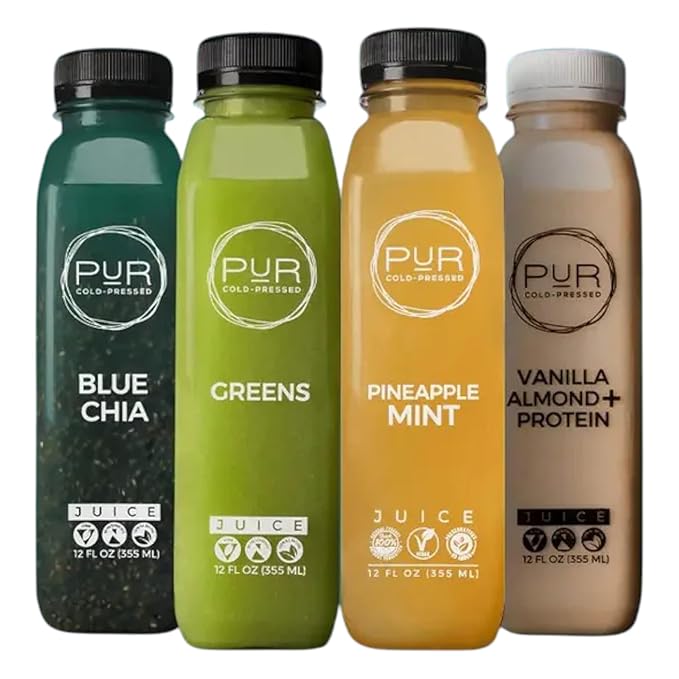 PUR Cold-Pressed Juice – Mini Harmony 5 Day Cleanse – Greens Blue Chia and Pineapple Mint Juices plus Vanilla Almond Nut Mylk with Plant-Based Protein – Non-GMO Pressed at Source – 20 Bottles