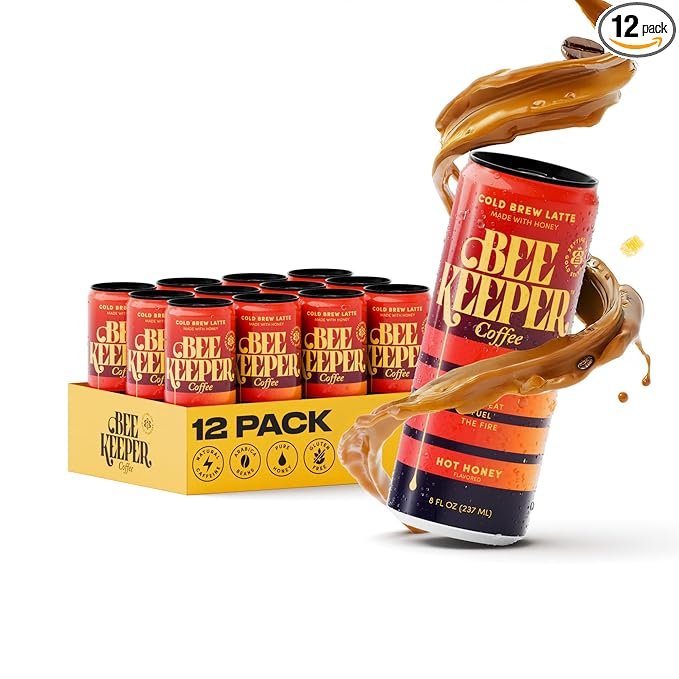 Beekeeper Hot Honey Latte Cold Brew Coffee Drinks with Oregon Honey | 12 Pack Refreshing Iced Coffee - Unsweetened &amp Strong Arabica Brew 8 fl oz Ready-to-Drink Can - 180mg Natural Caffeine