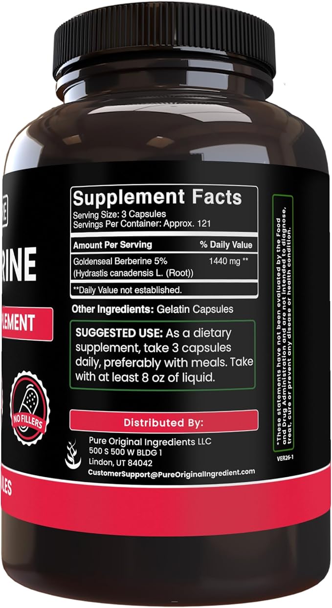 PURE ORIGINAL INGREDIENTS Berberine (365 Capsules) No Magnesium Or Rice Fillers Always Pure Lab Verified