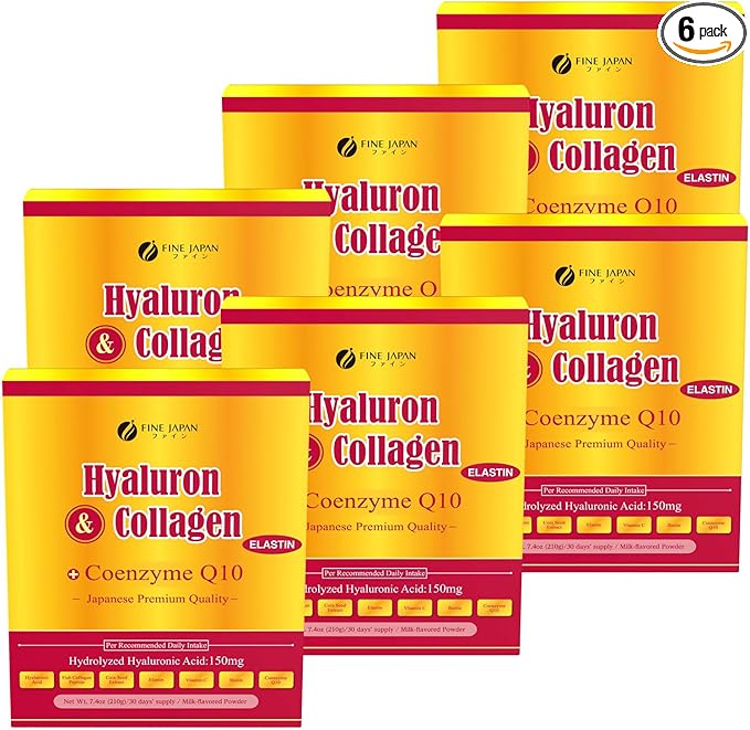 FINE JAPAN Premium Marine Collagen Powder with Hyaluronic Acid CoQ10 &amp Elastin - Non-GMO - 30 Servings (210g / 7.4oz) Set of 6