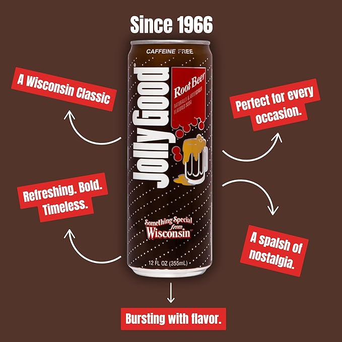 Jolly Good Classic Old Fashioned Root Beer Soda Flavored Soda Pop Drink Caffeine Free Soft Drinks for Adults &amp Kids Craft Soda for Mocktails &amp Cocktails Made in America 12 Oz Can 12 Pk