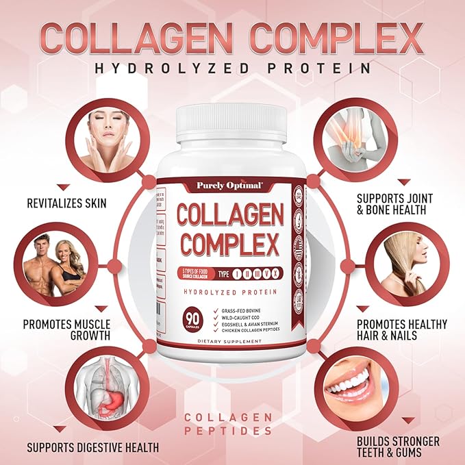 Purely Optimal Premium Multi Collagen Peptides Capsules (Types I II III V X) - Hair Skin and Nails Digestive &amp Joint Health Supplement Hydrolyzed Collagen Pills (90 Capsules)