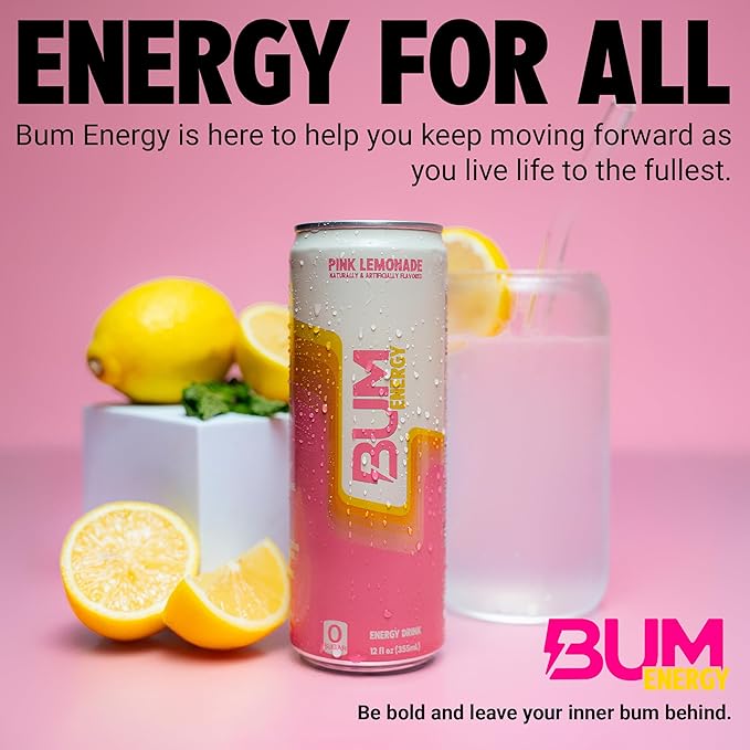 BUM Sugar-Free Energy Drink Pink Lemonade - Lightly Carbonated &amp No Artificial Colors Natural Caffeine &amp Citicoline for Energy &amp Focus Brain Boost &amp Workout Sports Beverage - 12 oz