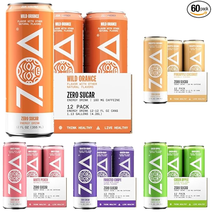 ZOA Zero Sugar Energy Drinks Fruity Flavors Bundle - Sugar Free with Electrolytes Healthy Vitamin C Amino Acids Essential B-Vitamins and Caffeine from Green Tea - 12 Fl Oz (60-Pack)