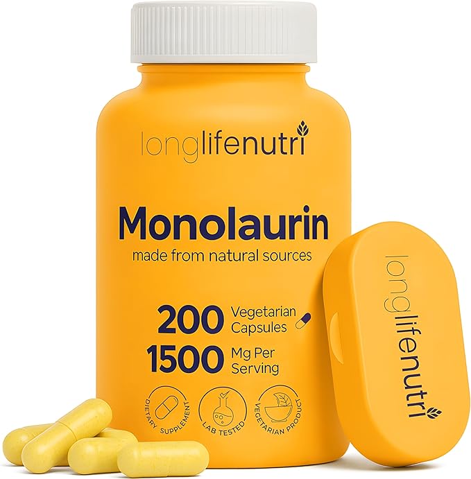 LongLifeNutri Monolaurin 1500mg - Potent Glycerol from Coconut 200 Vegetarian Capsules Organic Supplement for Gut Balance &amp Natural Defense 100-Day Supply GMP Certified Made in USA