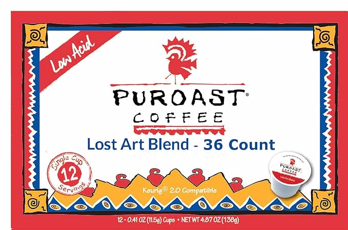 Puroast Low Acid Coffee| Lost Art Single Serve Pods | Medium Roast | High Antioxidants &amp High pH |No Bitter Aftertaste | Reduced Heartburn &amp GERD Friendly | 36 Count - Compatible with Keurig B