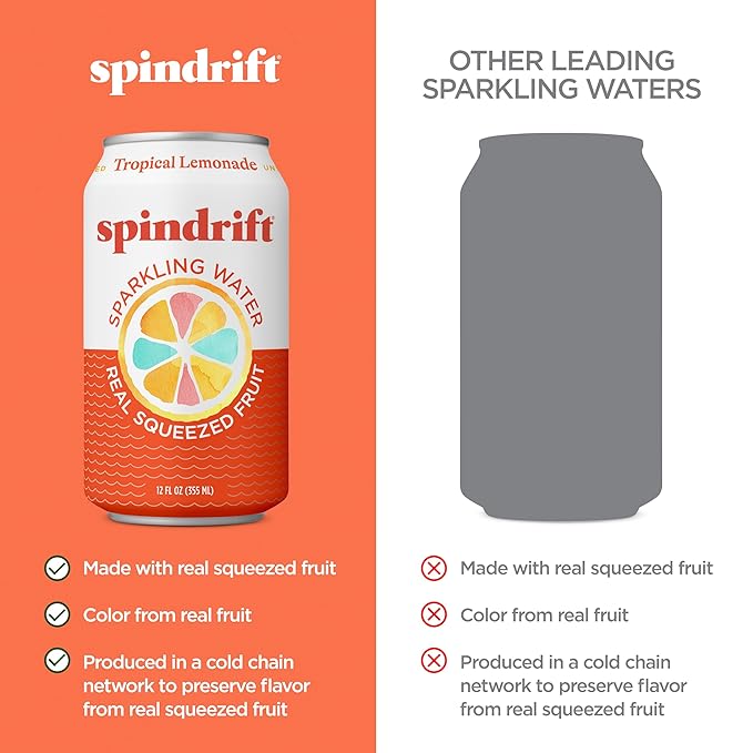 Spindrift Sparkling Water Tropical Lemonade Flavored Made with Real Squeezed Fruit 12 Fl OZ Cans Pack of 24 (Only 13 Calories per Can)