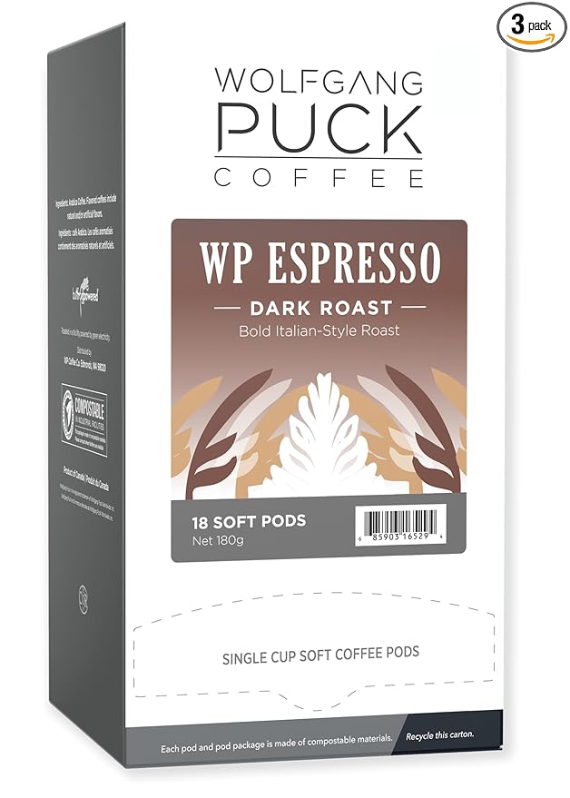 Wolfgang Puck Soft Coffee Pods Espresso 9.5 Gram soft Pods 18 Count (Pack of 3)
