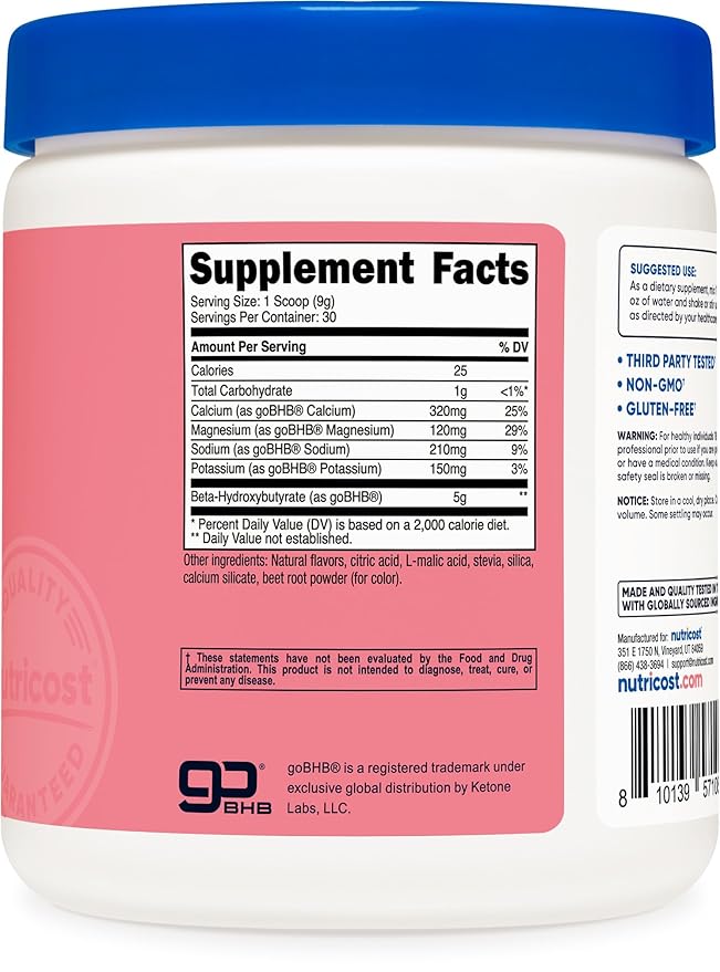 Nutricost BHB Salts Drink Mix (30 Servings Strawberry Lemonade Flavored) (5G BHB Per Serving) - 0G Total Sugars Vegetarian Product