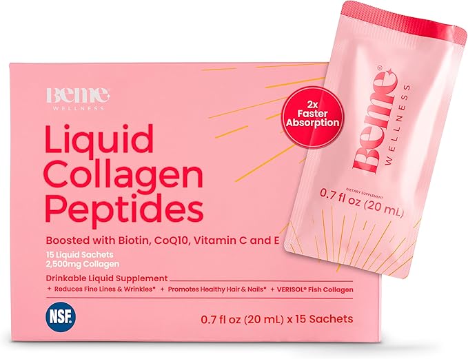 BeMe Liquid Collagen for Women - 2500mg Verisol Collagen Liquid with Biotin CoQ10 &amp Vitamin C - Clinically Proven Collagen Peptides for Hair Skin &amp Nails - 15 Peach Sachets