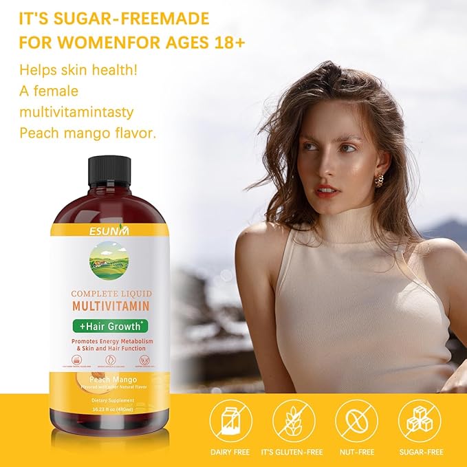 Complete Liquid Multivitamin + Hair Growth Promotes Energy Metabolism&amp Skin and Hair Function| Vitamin C D | B Vitamins | Help to Thicker Hair Wrinkles Fine Lines Skin Care (16.23OZ)