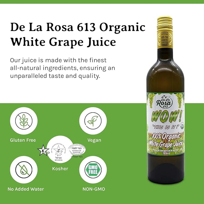 De La Rosa Organic White Grape Juice Kosher Non-GMO &amp Gluten Free Austrian White Grape Juice No Preservatives or Sulfites No Water Added 25.4 Oz Glass Bottle (Pack of 2)