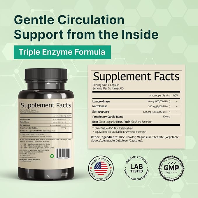 VINATURA Lumbrokinase Nattokinase 2000FU &amp Serrapeptase - USA Made &amp Tested Circulation Supplements of Nattokinase Serrapeptase (Natto-Serra) Rutin Beetroot Lumbrokinase Supplement