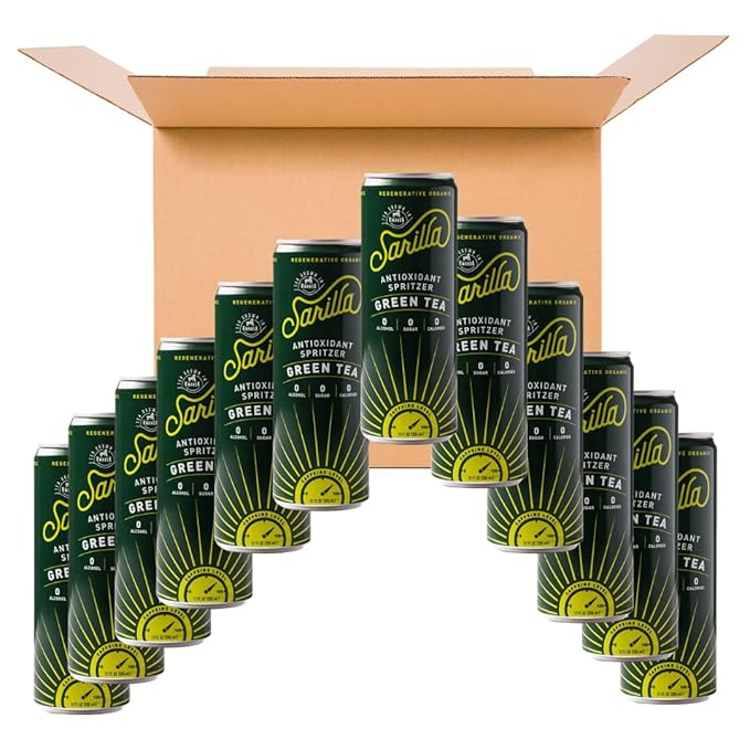 Sarilla Nonalcoholic Green Tea Spritzer – Lightly Sparkling Real Brewed Organic Green Tea with Hibiscus Plant-Based Caffeine Zero Calories 12-Pack