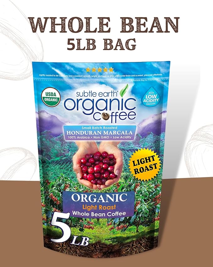 5LB Subtle Earth Organic Coffee - Light Roast - Whole Bean Coffee - 100% Arabica Beans - Low Acidity and Non-GMO - 5lb bag