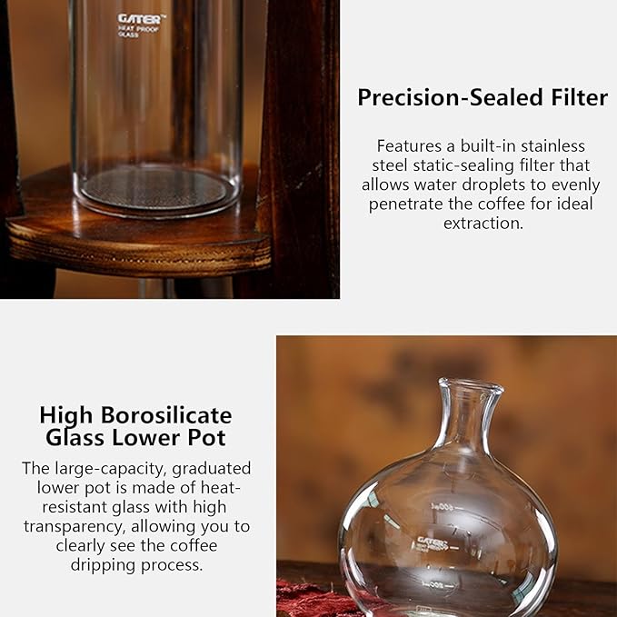Cold Brew Coffee Maker Iced Coffee Cold Brew Drip Tower Coffee Maker with Adjustable Valve Borosilicate Glass Wood Tower for Making Delicious Cold Extracted Coffee At Home In Shops Cafes and Offices