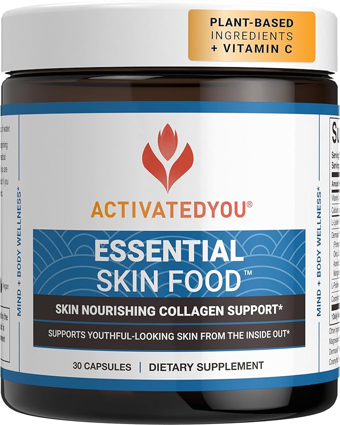 ACTIVATEDYOU Essential Skin Food Advanced Skincare Collagen Elastin Support Supplement for Aging Skin Helps Improve Appearance of Face Texture Sagging w/Dermaval Vitamin C Lysine (30 Capsules)