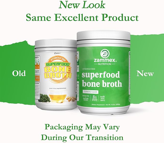Zammex Bone Broth Plus Superfood Protein Powder (Turmeric Flavor) 8g Hydrolyzed Protein with Vitamin D for Healthy Skin Nails Hair Joints &amp DigestionNon-GMO (30 Servings)