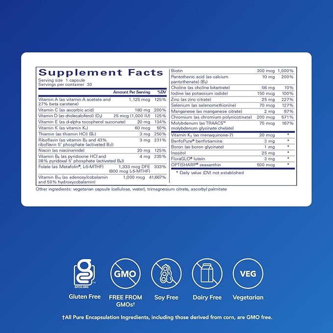 Pure Encapsulations PureGenomics Multivitamin - Supplement to Support Nutrient Requirements of Common Genetic Variations - with Vitamin ABCDE K &amp Minerals - 30 Capsules