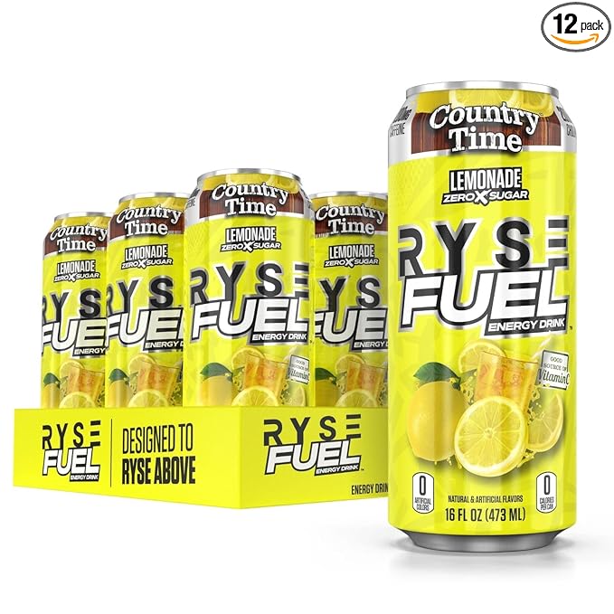 RYSE Fuel Energy Drink - Country Time Lemonade - Sugar Free Gluten Free &amp Vegan - 200mg Natural Caffeine Taurine &amp Choline for Focus &amp Energy - No Artificial Colors - 16 fl oz Cans (12-P