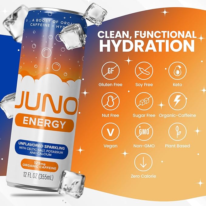 JUNO ENERGY Unflavored Sparkling Energy Drink - Sugar Free 125mg Organic Caffeine from Green Coffee Beans with Celtic Salt Potassium &amp Calcium for Hydration &amp Energy - 12 Pack