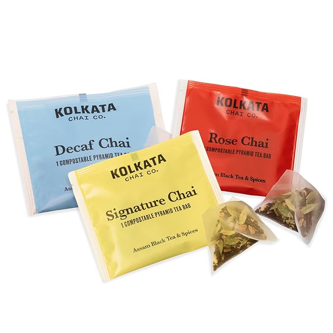 Kolkata Chai - Signature Rose and Decaf Chai Tea Bag Variety Pack 45 Count Premium Assam Black Tea and Spices Compostable Tea Bags Vegan All Natural