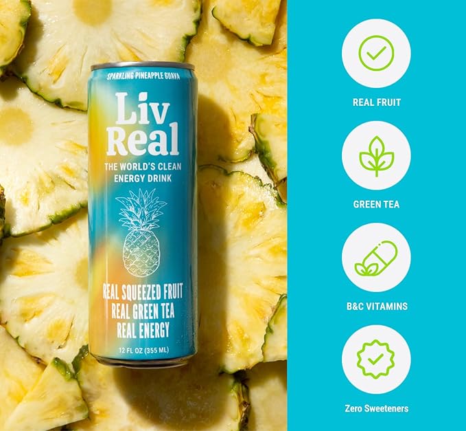 LivReal Clean Energy Drink – Organic Green Tea Caffeine 125mg + L-Theanine 100mg – Real Fruit No Sweeteners or Flavorings – Vitamin C &amp B Complex – Sparkling Variety Pack Water – 12 Pack 12 fl o
