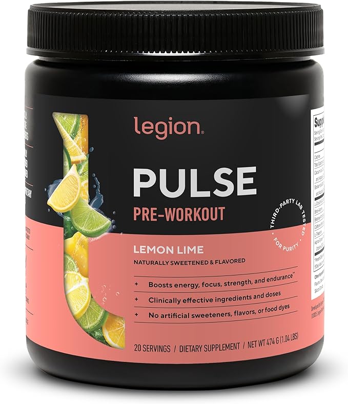 LEGION- All Natural Nitric Oxide Preworkout Drink to Boost Energy Creatine Free Naturally Sweetened Beta Alanine Citrulline Alpha GPC (Lemon Lime)