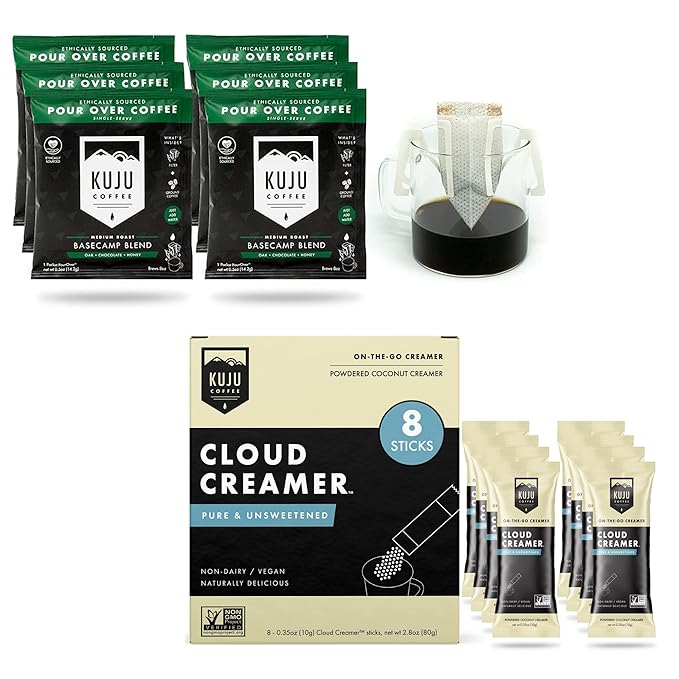 Kuju Coffee Premium Pour Over Individual Coffee Packets and Cloud Creamer Bundle - Backpacking Travel Camping Coffee Singles and Non Dairy Coconut Coffee Creamer Powderk (Basecamp Blend)