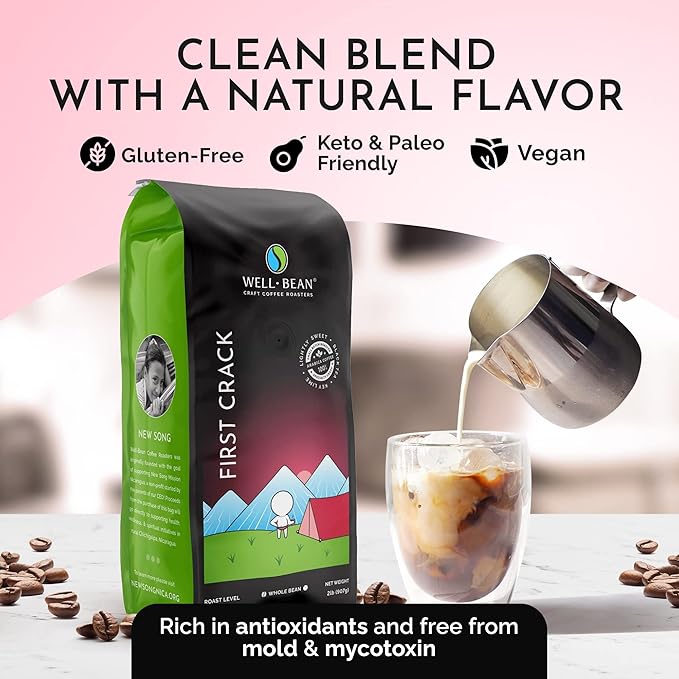 Well-Bean Coffee - First Crack Blend Whole Bean Coffee Breakfast Blend Honduras Coffee Antioxidant Rich Coffee Bean Gluten-Free Keto Coffee Light Roasted Coffee 2 Lb