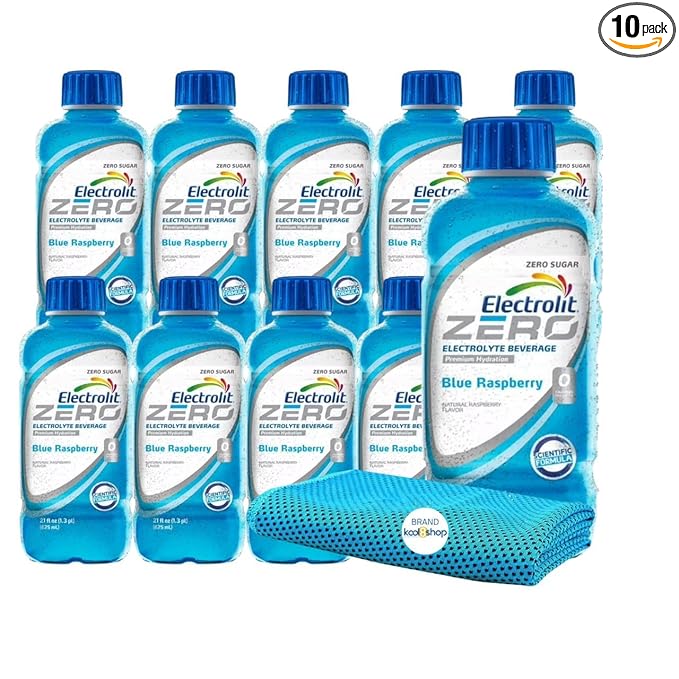 Electrolit Zero Blue Raspberry Hydration Drink With Electrolytes 21 fl oz Plastic Bottle 10 Pack + 1 Microfiber Cooling Towel by KOOL8SHOP Infinite Deals