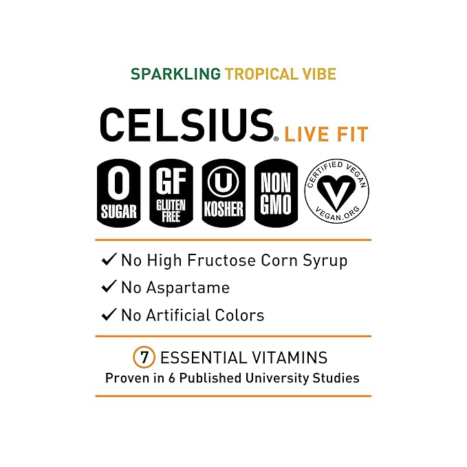 CELSIUS Sparkling Tropical Vibe Functional Essential Energy Drink 12 Fl Oz (Pack of 24)