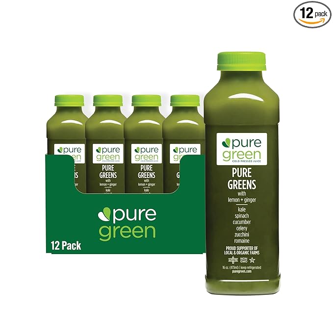 Pure Green Cold Pressed Juice - Pure Greens LG - Fresh Functional Blend with Greens Lemon Ginger - Natural Gluten Free Non-GMO No Artificial Colors or Flavors - Made from Real Fruits &amp Veggie