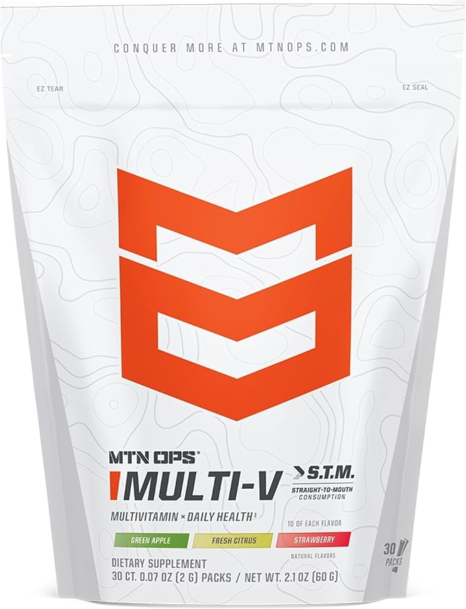 MTN OPS Multi‑V STM On‑The‑Go Daily Multivitamin for Men Women &amp Kids – Straight‑to‑Mouth Vitamin C D3 B Zinc Packs – Gluten Free Natural Flavors 30 Servings