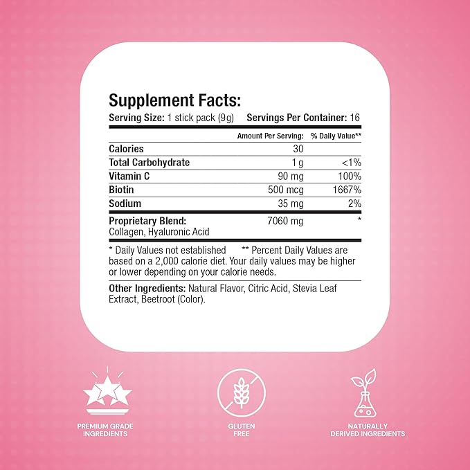 Thrive Premium Collagen Powder Drink - Pink Lemonade - Type I and III Collagen Hyaluronic Acid Biotin Vitamin C (16 Stick Packets Pink Lemonade - No Caffeine)