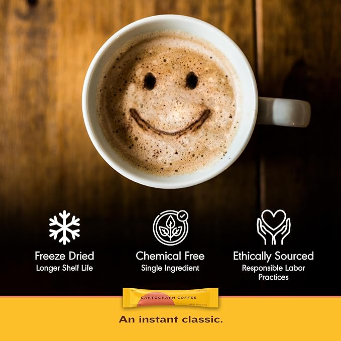 Cartograph Organic Instant Coffee Packets Single Serve 50PK - Medium Roast Instant Espresso - Freeze Dried Coffee Instant Powder - Individual Coffee Packets - Gourmet Instant Coffee Sticks