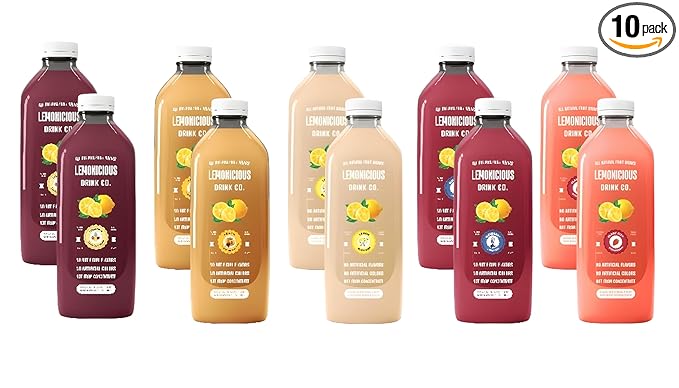Lemonicious Mega Sampler – 10 Bottles of Real Fruit Lemonade (32oz each) – Lemon Blossom Strawberry Pineapple Rose Blueberry Lavender Peach Tea – Fresh Squeezed No Preservatives