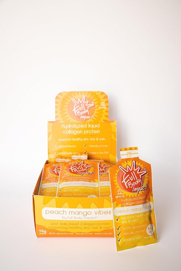 Liquid Collagen Protein Supplement 16000mg (16g) of Hydrolyzed Collagen Types I &amp III for Healthy Hair Skin Nails &amp Joints 1oz Packs (Box of 30) Sugar Free (Peach Mango Vibes)